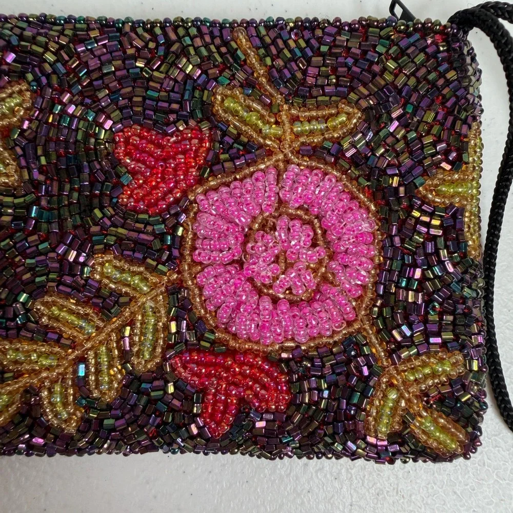 Vintage Small Coin Purse Beaded Floral Iridescent Purple Pink Wristlet Pouch